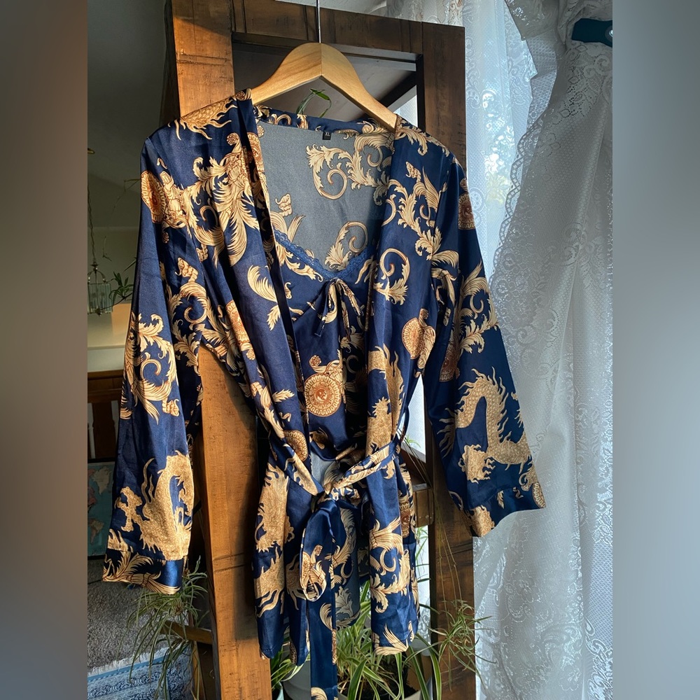 Navy Blue and Gold Sleep Set | Sleepwear Set | Pajamas | Robe | Tank Top | Silky